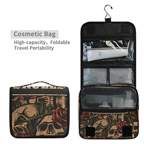 ALAZA Skull With Rose Vintage Travel Toiletry Bag Hanging Multifunction Cosmetic Case Portable Makeup Pouch Organizer with Hook