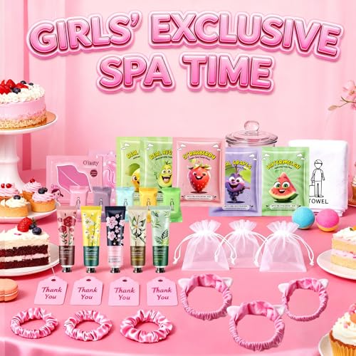 55Pcs Spa Party Supplies for Girls, Birthday Sleepover Party Favors Supplies for Women & Teens, Hand Cream, Lip Balm, Under Eye Patches, Lip Mask Skin Care Spa Kit, Foot Bath Bombs, Mothers Day Gifts