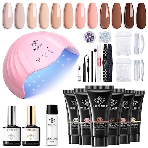Modelones Poly Nail Gel Kit with 48W Nail Lamp 6 Colors Nude Skin Tones Nail Extension Gel Kit Slip Solution Rhinestones Glitter Kit for Nail Manicure Beginner Starter Kit DIY at Home Gift