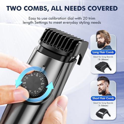 Advanced Vacuum Beard Trimmer for Men: Vacuum Mustache Trimmer with Precision Knob, Adjustable 20mm Length Settings, 2 Combs, IPX6 Waterproof-Rechargeable Vacuum Trimmer for Beard, Black