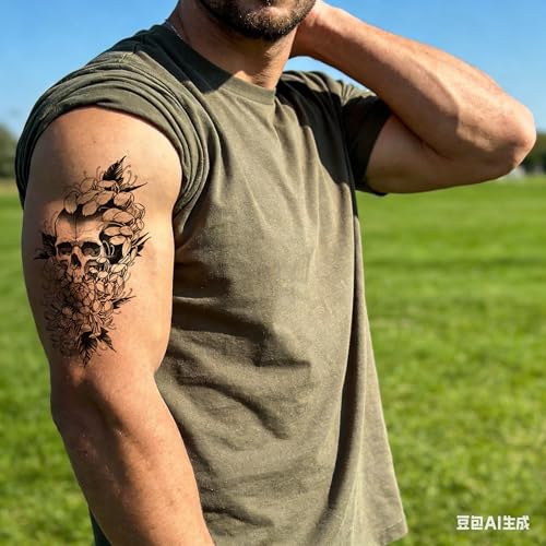 12 Sheets Temporary Tattoo for Men Women Adults, Black 3D Half Sleeve Temporary Tattoos, Halloween Large Fake Tattoos Flower Scary Lion Wolf Butterfly Skull Skeleton Tattoos Stickers Q1015