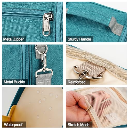 Travel Hanging Toiletry Bag for Women and Men, 6 Organizer Compartments, Holds Full Size Bottles, Extra Large Cosmetic Accessories, Makeup essentials, Bathroom Water-resistant Toiletries Bag, Blue
