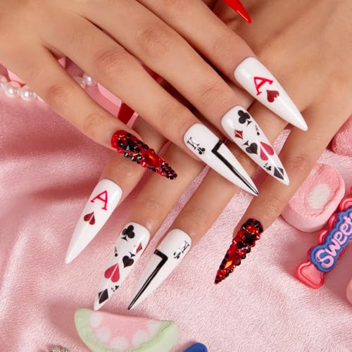 LOVFUL Press on Nails Poker Queen | Handmade with Full Covered Crystals | Reusable Fake Nails | Stiletto Mid Length 1.7 in | H102-M