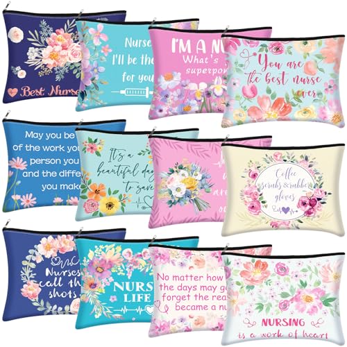 Photect 12 Pcs Nurse Cosmetic Bag Nurse Survival Kit Makeup Canvas Bags Nursing Zipper Pouch Nursing Practitioner Gift for Nurses Appreciation Week Graduation Retirement Thank You Gifts Supplies