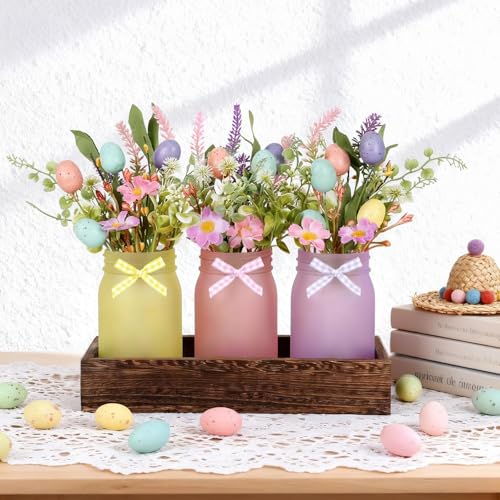3 Pack Easter Mason Jar Floral Table Centerpiece Tiered Tray Decor with Wood Tray Artificial Easter Egg and Spring Daisy Flowers Plants for Farmhouse Home Kitchen Bathroom Decor