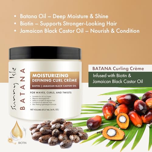 Sunny Isle Batana Moisturizing Curl Cream - Biotin, Jamaican Black Castor Oil, Frizz Control - 16oz