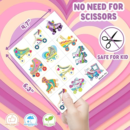 96 PCS Roller Skate Skating Pre-Cut Temporary Tattoos Themed Birthday Party Favors Decorations Supplies Decor Retro 80s 90s Disco Skateboard Tattoo Stickers Gifts For Boys Girls Class (Normal)