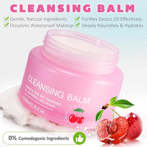 Cleansing Balm Makeup Remover - 3.38 Oz Cherry Scented Moisturizing Hydrating Deep Nourishing Travel-friendly Smooth Face Cleanser Makeup Remover Clear Cleansing Balm for All Skin Types