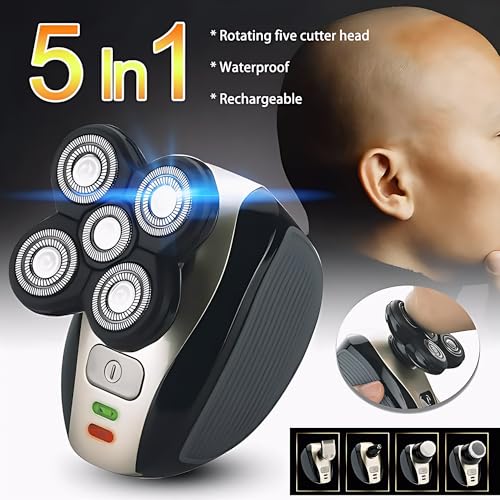 Electric Head & Body Hair Shaver - Men's Cordless Rechargeable Wet/Dry Skull Bald Head Back & Groin Waterproof Razor with Rotary Blades, Clippers, Nose Trimmer, Brush, Massager