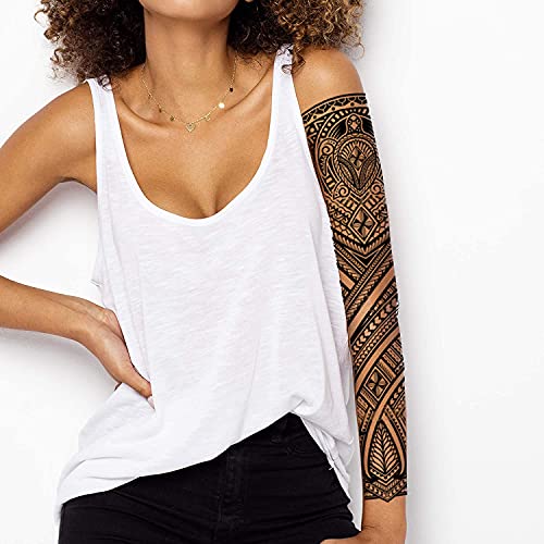 2 x Temporary tattoo turtles stick on black maori tribal body art sticker transfer for arms shoulder Aztec Polynesian Samoan Hawaiian for adult men and women luau party fancy dress