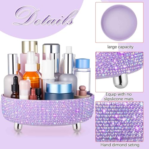 Honeydak Bling Perfume Makeup Organizer Bling Valentine's Day Mother's Day Gifts for Women Rhinestone Bathroom Organizers and Storage 360 Rotating Makeup Organizer for Countertop(Purple,Rhinestone)