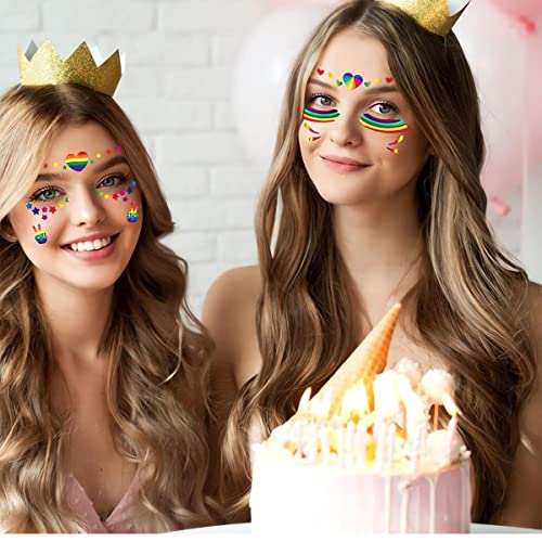 10 Sheets Gay Pride Face Temporary Tattoo Sticker, Rainbow Stripes Heart Star Butterfly Pattern Stickers, LGBT Facial Makeup Sticker for Pride Equality Party Parade Decoration Supplies