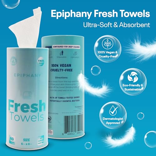 Fresh Towels, Dry Disposable Face Towels ? 60 Cotton-Feel Clean Tissues for Skin Care. Lint-Free Makeup Remover Cloths. 6x8 Inch Biodegradable Face Wash Cloths, Gentle on All Skin Types