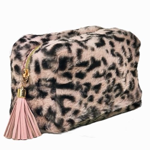 Tristan Home Plush Leopard Print Cosmetic/Toiletry Bag with Brown Tassel, Faux Fur Makeup Pouch, Small Handbag, Gold Zipper, Medium (Pink)
