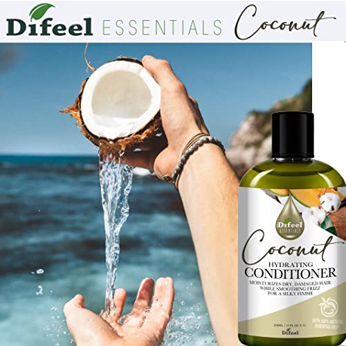Difeel Essentials Hydrating Coconut Conditioner 12 oz. - Moisturizing Nourishing Coconut Conditioner for Dry, Frizzy Hair, Sulfate-Free
