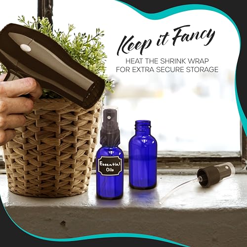 Nevlers 1 Oz Blue Glass Spray Bottles for Cleaning, Refreshment & More | Small Spray Bottle Travel Size 24 Pack w/Shrink Wrap, Funnel, Brush, Marker & Labels | Perfume Travel Refillable Containers