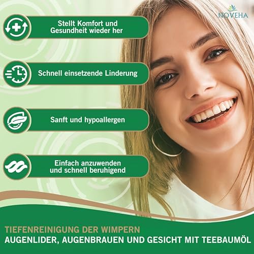 NOVEHA 60PCs Tea Tree & Coconut Oil Eyelid & Lash Wipes - For Demodex, Blepharitis & Itchy Eyes, Individually Wrapped Eyelash Wipes With Aloe Vera, Natural Makeup Remover & Daily Eye Cleanser