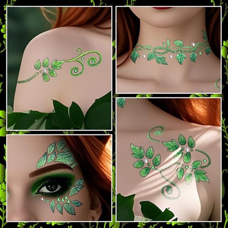 Cerlaza Halloween Decorations, Leaf Face Paint Temporary Tattoos+Green White Face Gems Jewels, Glitter Leaf Halloween Makeup Kit Costumes Rave Party Favors, Festival Cosplay Outfits Accessories