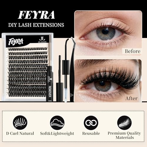 Eyelash Extension Kit ¡¼Feyra¡½DIY 228-Piece Eyelash Clusters Extension Set, Includes Eyelash Glue and Sealing Adhesive, with Eyelash Tweezers, Suitable for Self-Use (80D, 8-16mm Set)