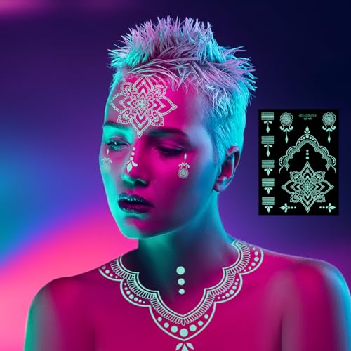 10 Sheets Blue Glow Temporary Tattoos Glow in the Dark Tattoo Kit Neck Clavicle Body Art Makeup In The Dark for Women Adults Arm Hands and Rave Festival Accessories