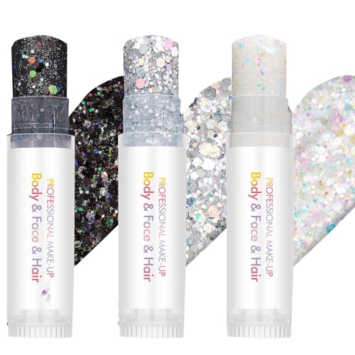 3PCS Face and Body Glitter Stick, Waterproof Halloween Face Glitter Gel, Chunky Sequins Face Hair Glitter Makeup, Silver Black Sparkle Body Glitter for Women and Kid