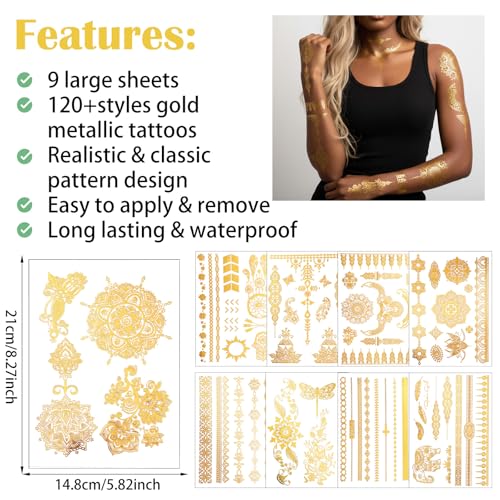 9 Sheets Gold Tattoos Temporary Tattoos For Women, Glitter Flash Tattoo Stickers Metallic Elaborate Sun Moon Star for Adult Festivals Parties Makeup Cosplay
