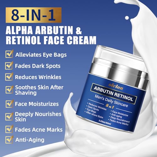 8-in-1 Face Cream for Men, mens face moisturizer with Alpha Arbutin, Retinol, Collagen and Hyaluronic Acid, Anti-Aging Face Cream for Men, Eye Bags Treatment & Wrinkle Cream 2.03oz