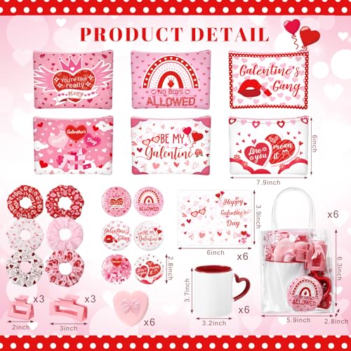 48 Pcs Galentine's Day Gifts Set Include Hairpin, Hair Scrunchies, Mug, Makeup Bags, Cards, Makeup Puff, Clear Gift Bag, Mirrors for Women Galentines Day Party Favors Bestie Valentine Friend