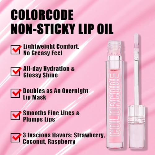 COLORCODE Lip Oil Set for Women, Moisturizing Tinted Lip Oils & Clear Lip Gloss Set, Non-Sticky Long Lasting Lip Glosses, Fruit Flavoured Hydrating Lip Care, Lip Gloss Bulk Cute Makeup Gift Kit (2PCS)