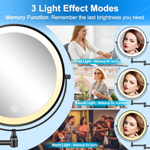 9" Rechargeable Wall Mounted Lighted Makeup Mirror, Double Sided 1X/10X Magnifying Mirror with 3 Color Lights Dimmable, Bathroom Mirror with Hook, Black