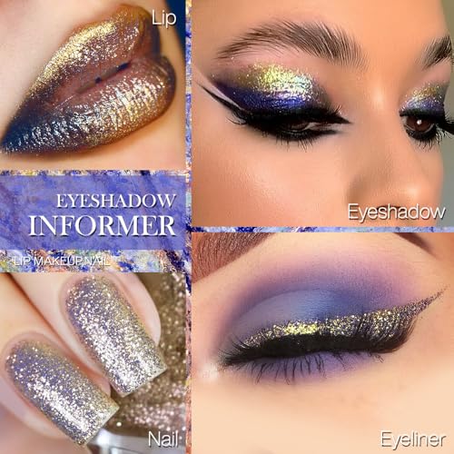 DE'LANCI Duochrome Golden Yellow Shimmery Pressed Eyeshadow, Multi-Dimensional Gold Blue Glitter Eyeshadow, Easy to Wear Chameleon Eye Shadow, Crease Resistant Waterproof Duo Chrome Eye Shadow, 12