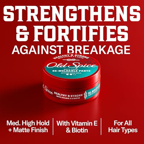 Old Spice Re-Moldable Paste for Men, Healthy & Strong with Vitamin E & Biotin, Men's Hair Styling Paste, Medium-High Hold, Matte Finish, 2.22 oz