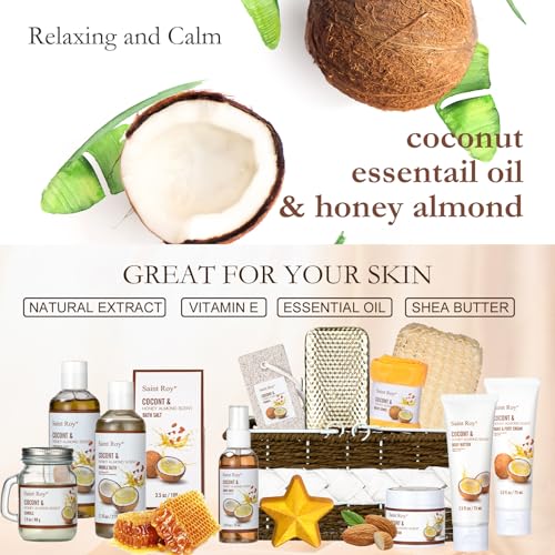 26 Pcs Coconut Honey Almond Spa Gift Basket for Women & Men Spa Gift Basket Luxury Bath and Body Basket Set, Large Luxury Home Spa Kit, Relaxing Self Care Pamper Gifts Birthday Bridal Shower