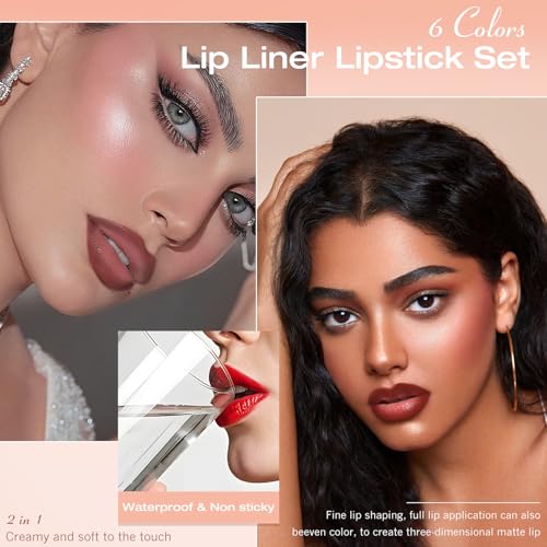 Brown Lip Liner Set 6 Colors 2 in 1 Gradient Lip Liner and Lipstick Combo Long lasting Dark Brown Red Creamy Lip Pencil Contour Matte Lipstick for Women Smooth High Pigmented Crayon Cone Tip