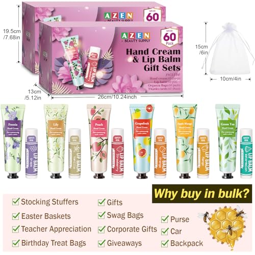 AZEN 120 Sets Bulk Gifts, Hand Cream and Lip Balm Bulk Set with Organza Bag Thank You Card, Baby Shower Wedding Gifts for Guests, Bridal Wedding Favors, Valentines Gifts for Women
