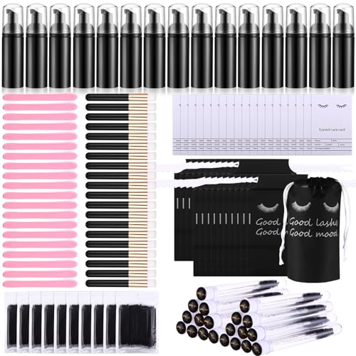 Yaomiao 130 Pcs Lash Shampoo Bottle Brushes Set 20 Foam Pump Dispenser 20 Cleaning Brush 20 Eyelash Extension Spoolies Tube 20 Instructions Cards 20 Aftercare Bags 20 Facial Sponge(Black)