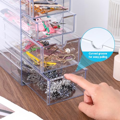 5-Drawers Plastic Storage Organizer, Clear Hair Accessories Organizer with Large Capacity, Plastic Clear Hair Accessories Storage with 5 Drawers for Bathroom, Dresser, Cosmetic