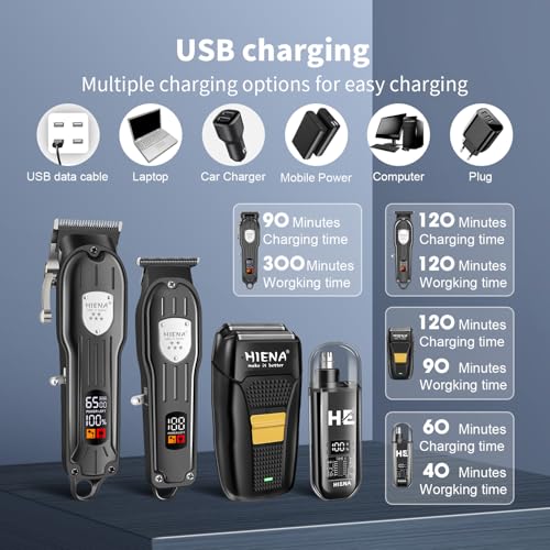 HIENA PRO Professional Hair Clipper Kit, Rechargeable Cordless Barber Kit and Hair Cutting Set, Electric Foil Shavers and Beard Trimmers, Ear, Nose Hair Trimmer Set & Facial Grooming Tool (Black)