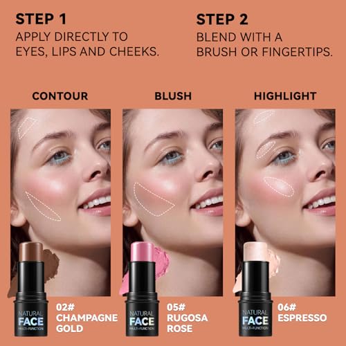 3Pcs Cream Contour Stick Makeup Kit, Shades with Highlighter, Blush and Bronzer Contour Stick for Sculpt the Cheeks, Long Lasting, Waterproof, Matte & Dewy Finish (LIGHT MEDIUM(2+5+6))