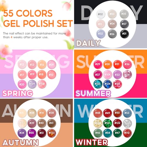 COSCELIA 60 PCS Gel Nail Polish Set, 55 Colors Gel Nail Polish with 5pcs Top Base Coat All Seasons Nail Polish Kit Winter Spring Full Colors Manicure Nail Art Gifts for Women Girls