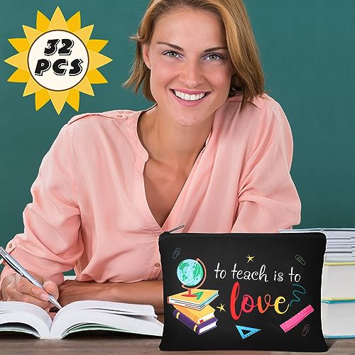 Hillban 32 Pcs Teacher Appreciation Gifts Bulk Colorful Appreciation Makeup Bag Funny Pencil Pouch for Women Thank You Gifts for Teacher Birthday Retirement(Lovely)