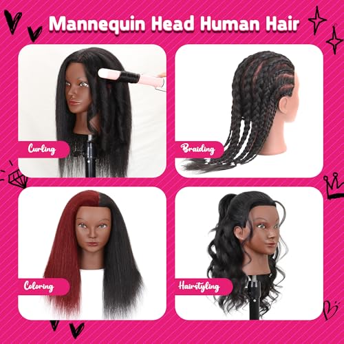 Mannequin Head with Human Hair 16" Cosmetology Manikin Doll Head 100% Real Human Hair for Styling Hairdresser Practice Braiding with Tripod Set