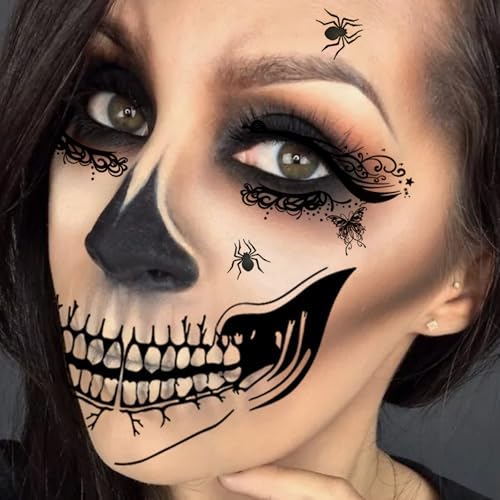 Halloween Face Eye Tattoo Stickers Black Butterfly Eye Shadow Devil Face Skeleton Mouth Spider Web Temporary Tattoo Stickers for Makeup Halloween Masquerade Carnival Party Face Decoration 14 Sheets