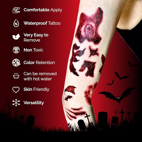 60 Sheet Halloween Zombie Scars Tattoo Stickers - Fake Scab Blood Special Fx Costume Makeup Props for Masquerade Party Prank Decorations
