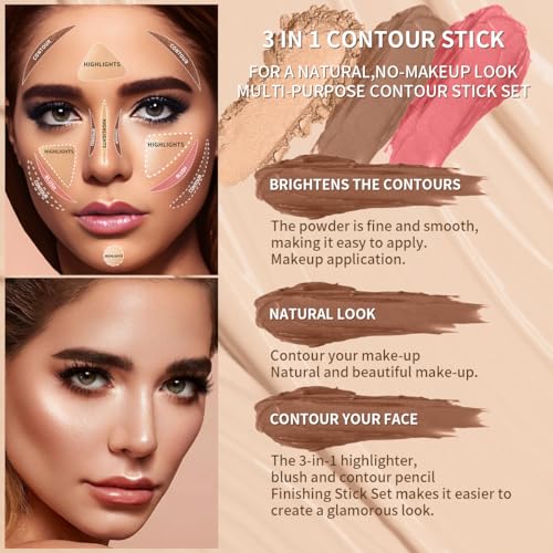 3Pcs Cream Contour Sticks Kit, Highlighter Stick Blush Stick Cream Contour Kit Makeup Set with Brush,Face Brightens & Shades Contour Stick Waterproof for Women