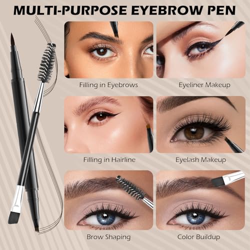 2PCS Microblading Eyebrow Pencil with Brush, 2-In-1 Dual-Ended Waterproof Eyebrow Pen with 4-Fork-Tip & Ultra-Precise-Tip for Hair-Like Natural Eyebrow Makeup, Eye Brow Pencils for Women -Light Brown