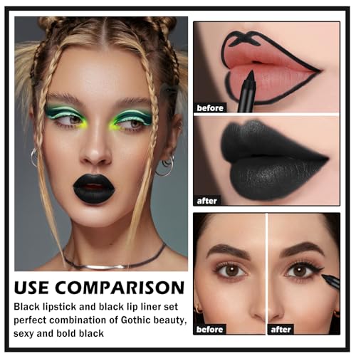 Black Lipstick Halloween Black Lip Liner Lip Kit,Matte Black Lipstick Long Lasting Smudge Proof,Velvet Black Lip Gloss Lip Stain,Non Stick Cup Black Liquid Lip Stick and Lip Pencil for Women