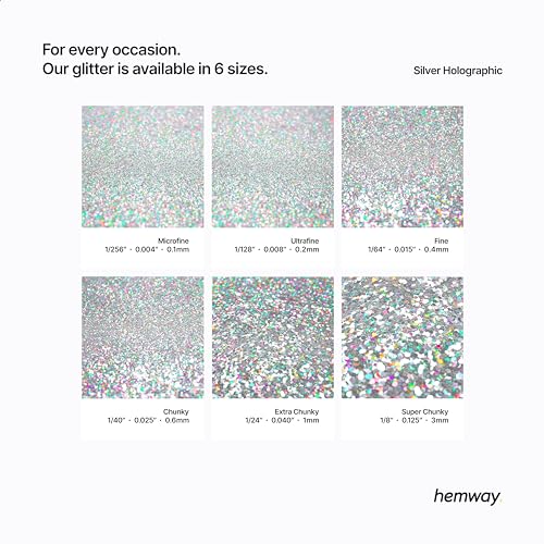 Hemway Premium Ultra Sparkle Glitter Multi Purpose Metallic Flake for Arts Crafts Nails Cosmetics Resin Festival Face Hair - Silver Holographic - Fine (1/64" 0.015" 0.4mm) 100g / 3.5oz