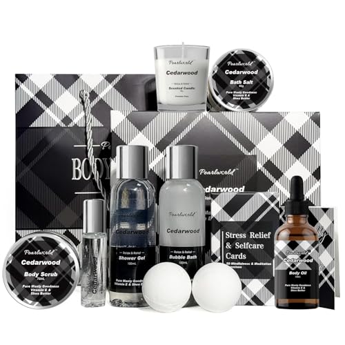 12Pcs Men's Spa Gift Set - Cedarwood Bath & Body Care Kit, Home Spa Set with Natural, Perfect Gifts for Men - Father's Day, Birthday, Valentine's & Christmas
