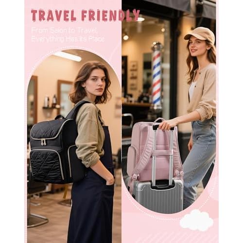 Insulated Hairstylist Travel Bag Backpack with Detachable Dividers and Multiple Pockets, Quilted Hair Tool Travel Bag with Multiple Pockets for Hairstylist and Barber, Black